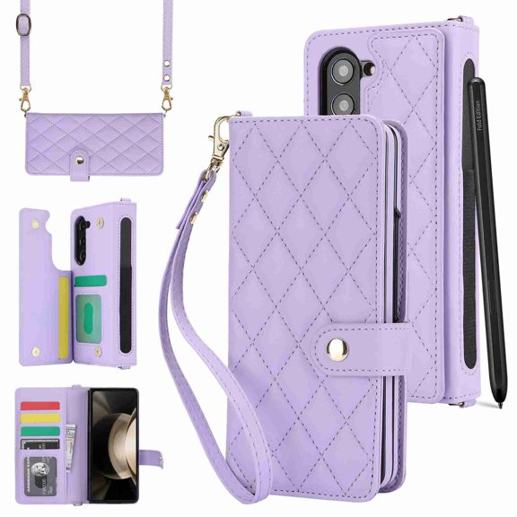 Dteck Case for Samsung Galaxy Z Fold 7 5G, Luxury Leather Wallet Cases with Pen Slot Flip Card Slots Magnetic Closure Wristband Lanyard Crossbody Shoulder Strap Protective Case, Purple