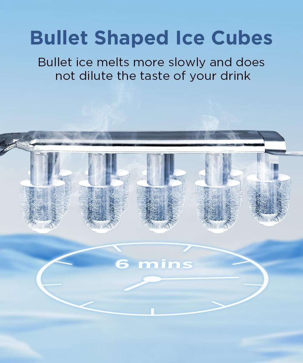 Ice Maker Countertop, Portable Ice Machine with Self-Cleaning, 26.5lbs/24Hrs, 9 Bullet Ice Cubes in 6 Mins, Ice Basket and Scoop, Ideal for Home, Kitchen, Bar, Camping