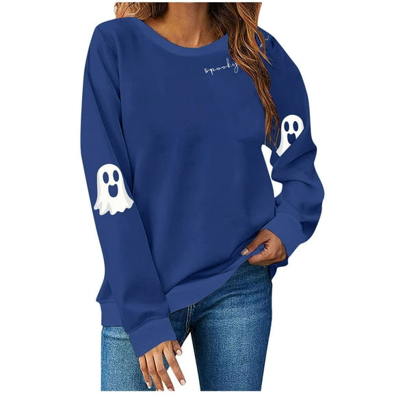 Plus Size Halloween Sweatshirts for Women Crewneck Casual Long Sleeve Sweat Shirts Loose Graphic Pullover Sweater Navy, 2XL