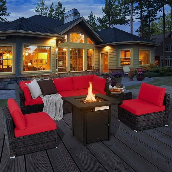 Costway 7 PCS Patio Furniture Set with 28" 50000 BTU Propane Gas Fire Pit Table Cushions Red