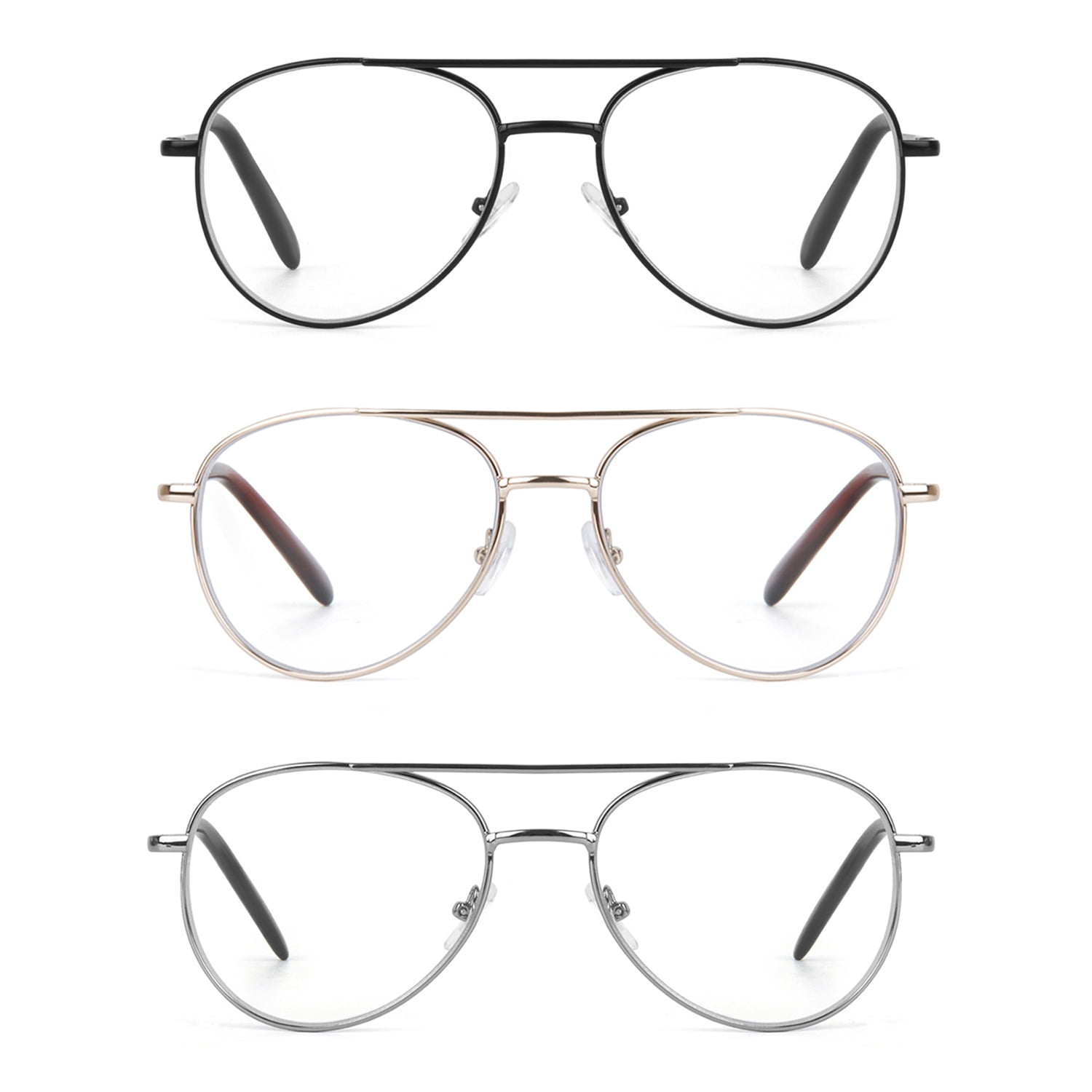 EYE ZOOM 3 Pack Aviator Style Metal Frame Blue Light Blocking Reading Glasses (Multi Color, +1.75 Strength)