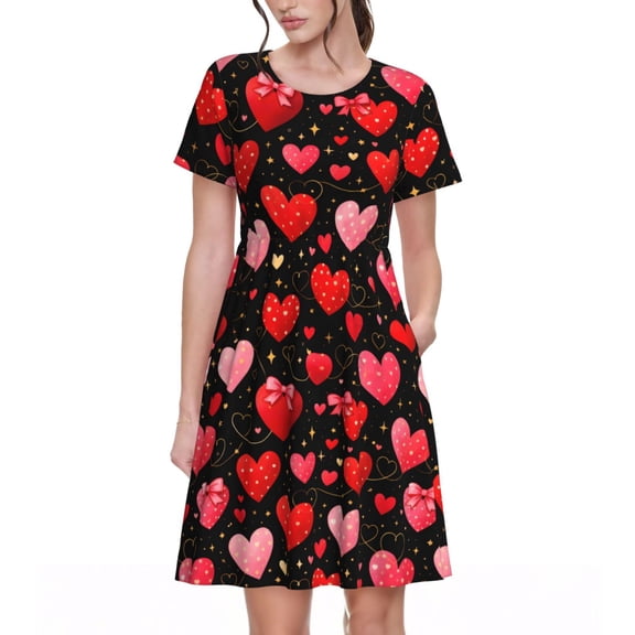 Valentines Heart Pattern Dresses Short Sleeve Nightdresses for Women