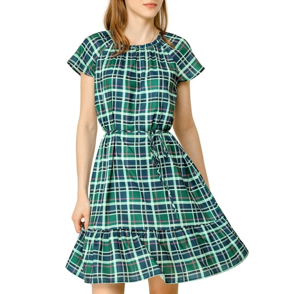 MODA NOVA Junior's Plaid Ruffle Raglan Sleeve Tie Waist Belted Dress