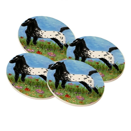 

KuzmarK Sandstone Drink Coaster (set of 4) - Black Blanket Appaloosa Foal & Western Wildflowers Horse Art by Denise Every