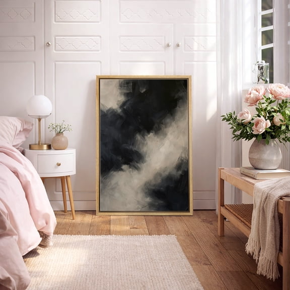Framed Canvas Print Black Gray Abstract Wall Art Modern Neutral Decorative for Living Room Bedroom - 16"x24" NATURAL