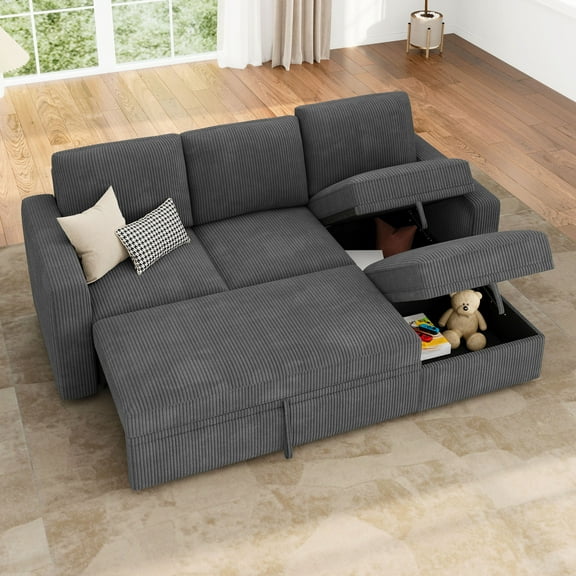HONBAY 79" Reversible 3 Seat Compact L Shaped Sectional Sleeper Sofa with Pull Out Bed and Storage, Corduroy Gray