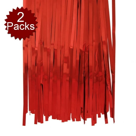 2 Single Booth - Aspire Foil Fringe Curtain (SET OF 2) Metallic Photo Booth Tinsel Backdrop Door Curtains - Perfect For Party-Red-3'x8'