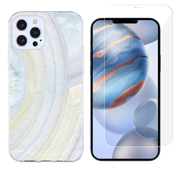 Slim-Fit Protective Phone Case compatible with iPhone 12 Pro Max, with Tempered Glass Screen Protector, by OneToughShield ® - Marble / Rainbow