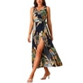 thumbnail image 4 of INSPIRE CHIC Women's Summer Boho Maxi Dresses V Neck Sleeveless Floral Flowy Split Hem Belted Casual Sundress Navy Blue L, 4 of 4