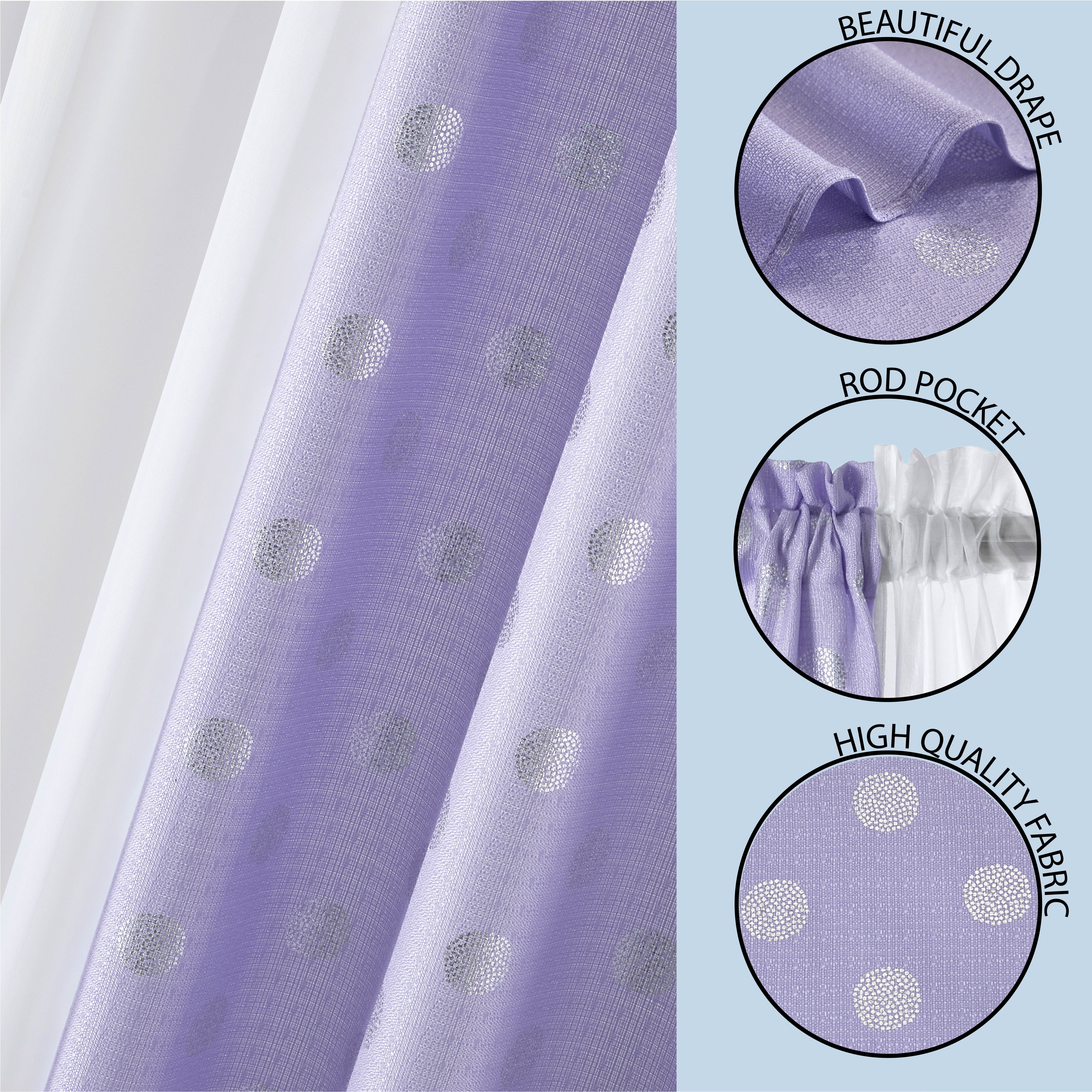 (2 pack) Your Zone Curtain and Sheers Panel Set, 4-Piece, Foil Polka Dot Purple, 27.5" W x 84" L