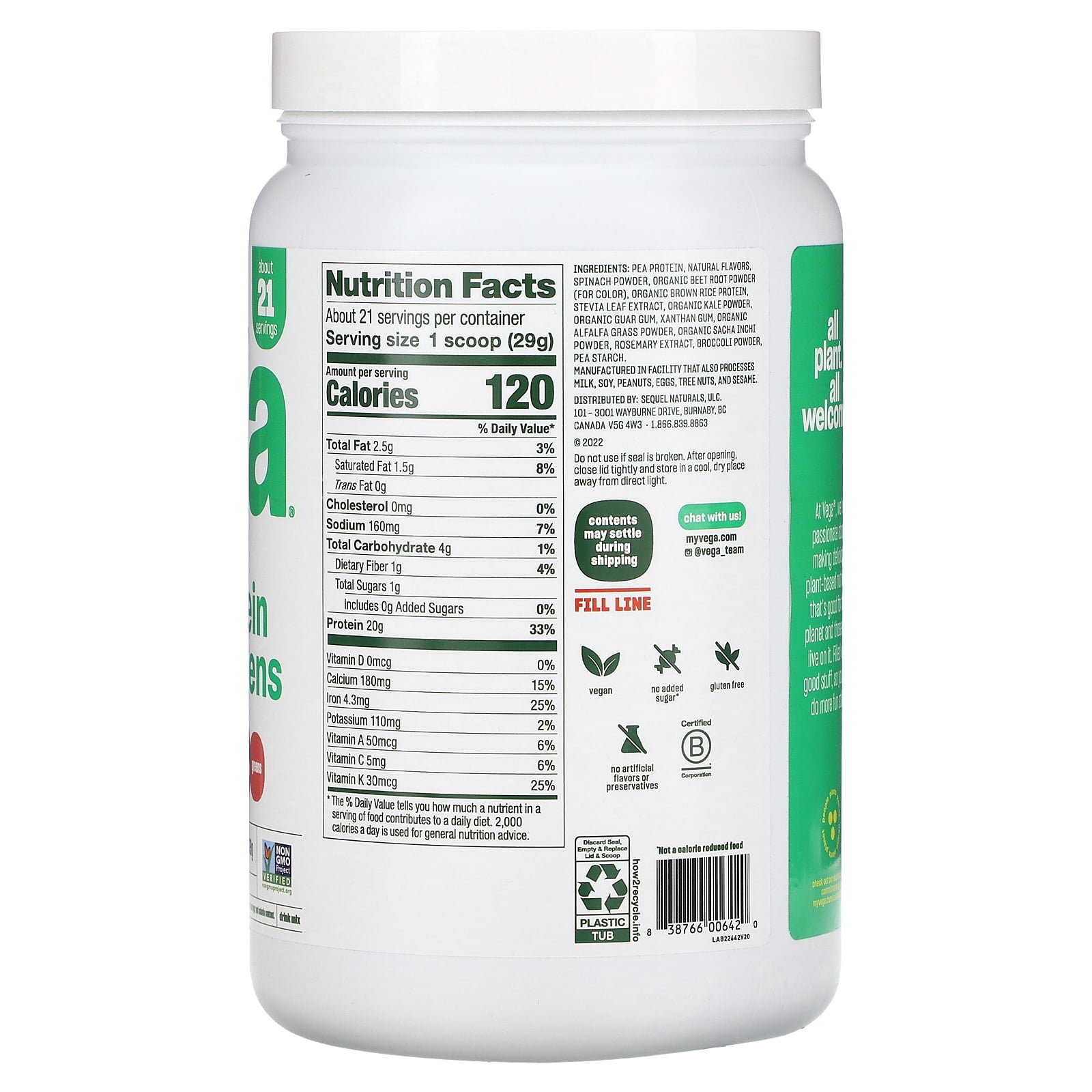 Vega Protein & Greens Plant-Based Protein Powder, Berry, 21 Servings (21.5 oz)