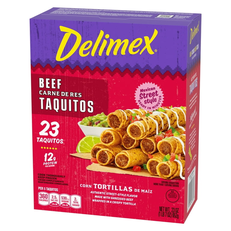 Delimex Beef Corn Taquitos Snacks Full Size 23 Appetizers, Ct Box Frozen 
