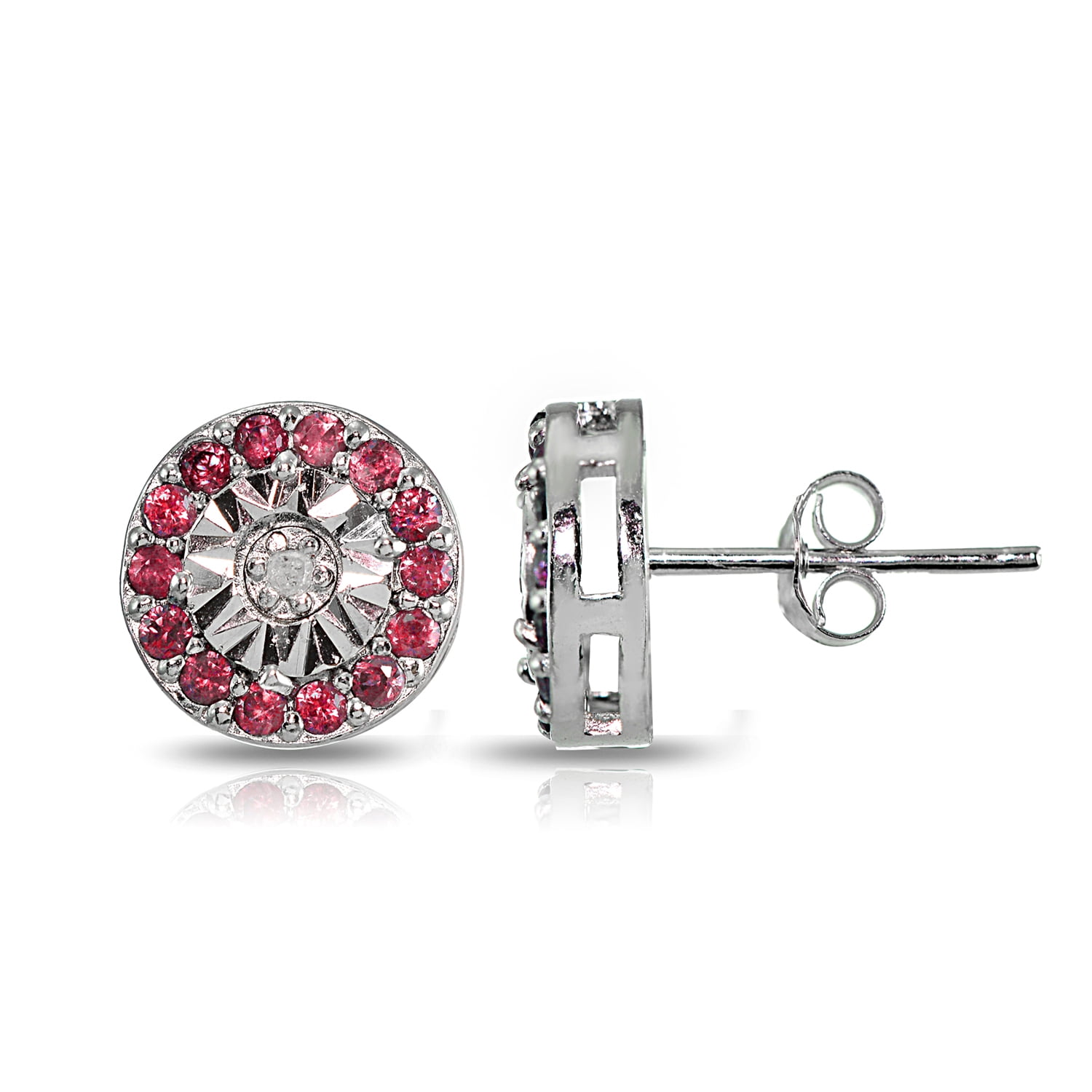 Silver Ruby Cushion Black & White Diamond Accent Stud Earrings Womens Day 