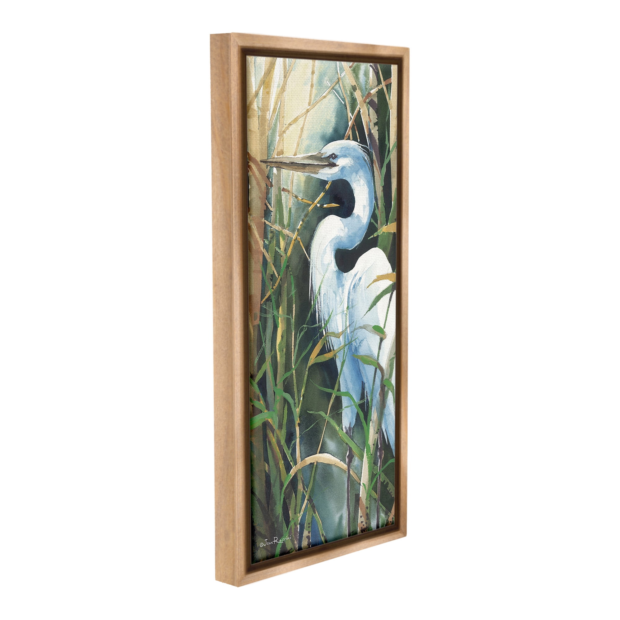 Stupell Industries Egret & Marshland Leaves Animals & Insects Painting Brown Floater Framed Canvas Art Print Wall Art, 14 x 31