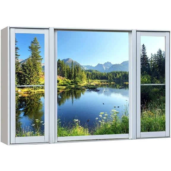 wall26 Canvas Print Wall Art Window View Springtime Blooming Flower Lake Forest Wilderness Nature Photography Realism Scenic Landscape Colorful Multicolor for Living Room, Bedroom, Office - 32"x