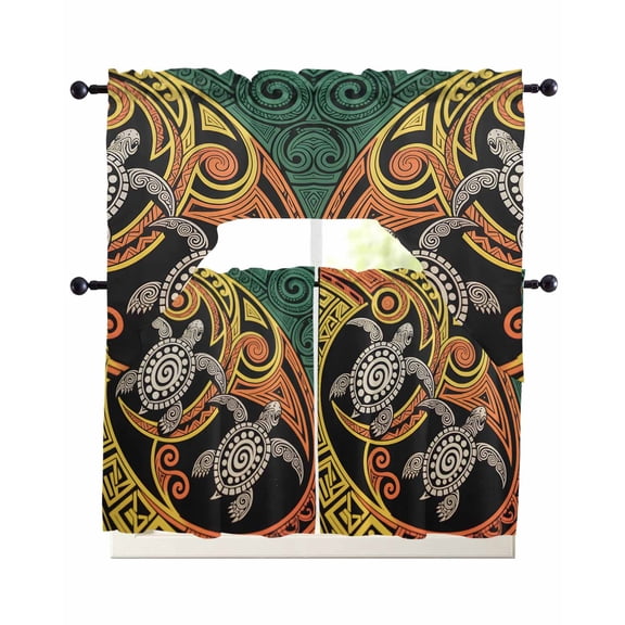 Polynesia Texture Swag Kitchen Curtains Sets for Windows 24 Inch Length, Abstract Traditional Tribe Sea Turtle Short Window Curtain Panels Swags Valances and Tiers 3 Piece Set for Cafe/Dining Room