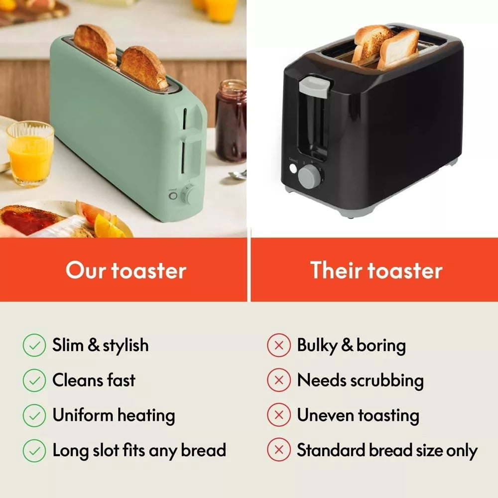 2-Slice Slim Toaster, 900 Watts, Metal Material, 6.85H x 14.88W x 3.58D