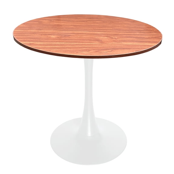 LeisureMod Round Dining Table Modern 36" MDF Wood Tabletop with White Steel Pedestal Base for Kitchen and Living Room Bristol Series in Cognac Brown