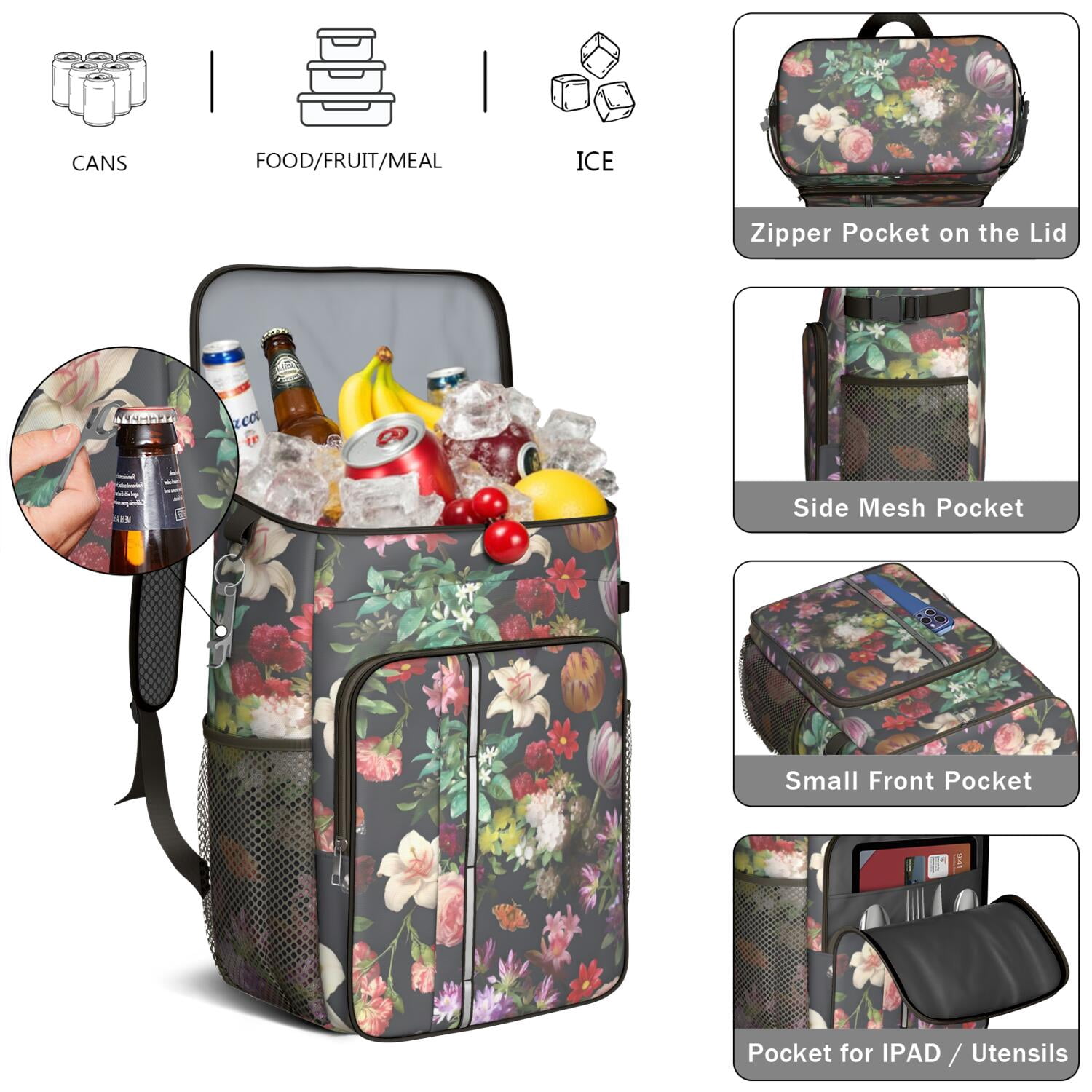 Travel Cooler Bag - Pioneer Flower Floral Print Pattern Camping Beer Cooler Backpack with Bottle Opener- Waterproof Insulated Picnic Backpacks - Cooler Bag for Beach