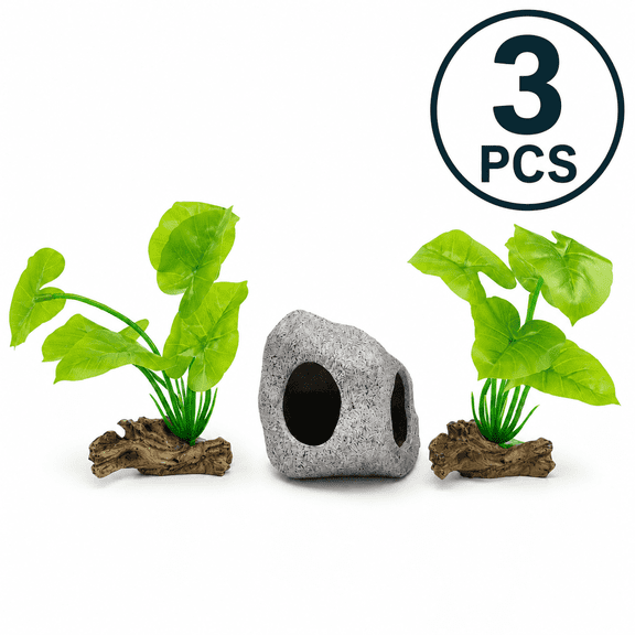 Fish Tank Decorations Aquarium Plants 3-Pack, Small Fish Tank Decor with Cave Rock & Leaf Hammock, Betta Tank Accessories