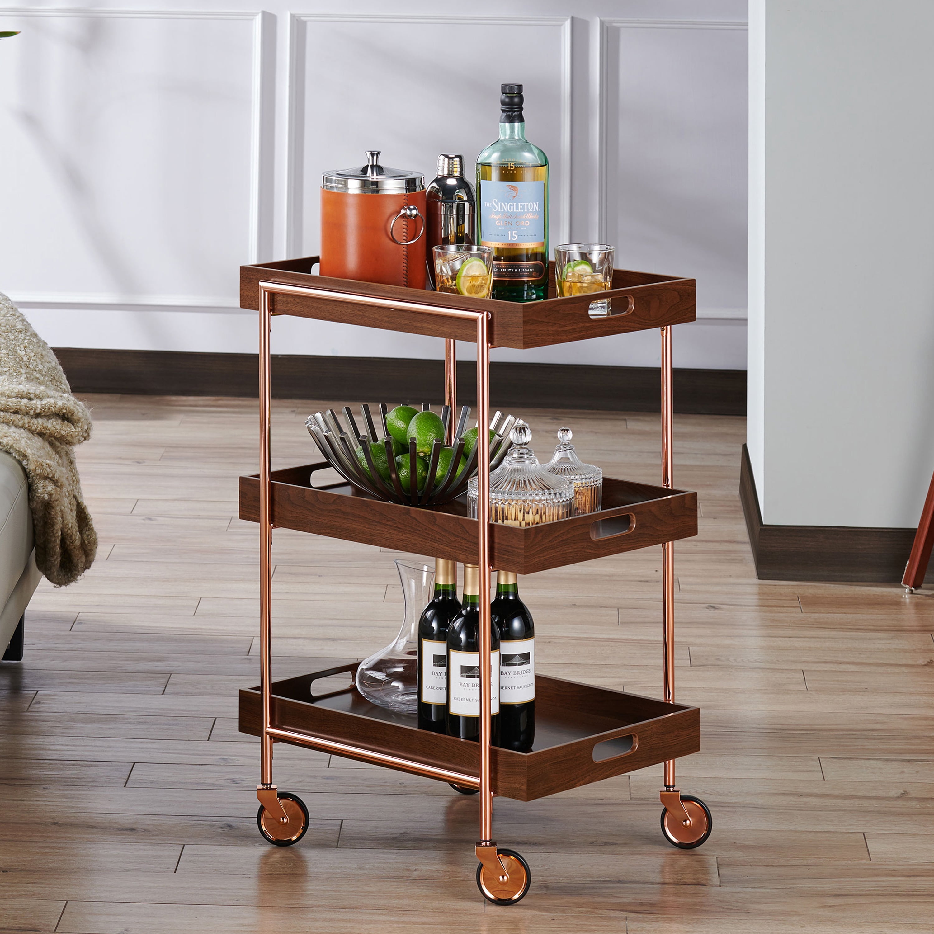 Furniture of America Heely Industrial 3-Shelf Bar Cart, Walnut and Chrome