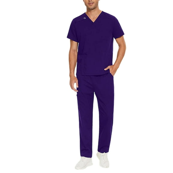 HAJWOH Scrubs Sets for Men Stretchy Nursing Uniform Short Sleeve V-Neck Scrub & Jogger Pant Solid Color Scrub Suit with Multi Pocket Dark Purple L