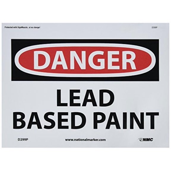 NMC D299P OSHA Sign, Legend "DANGER - LEAD BASED PAINT", 10" Length x 7" Height, Pressure Sensitive Vinyl, Black/Red on White