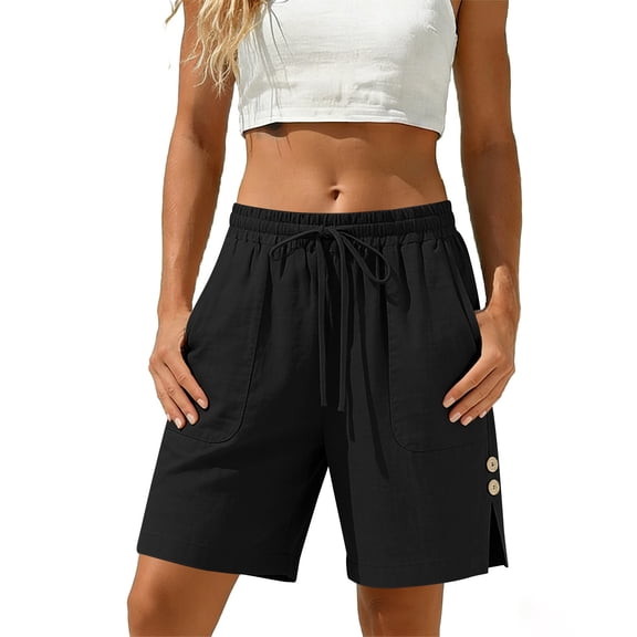 Womens Shorts with Slits Pockets And Button Solid Color Loose Cotton Casual Wide Leg Shorts for Women