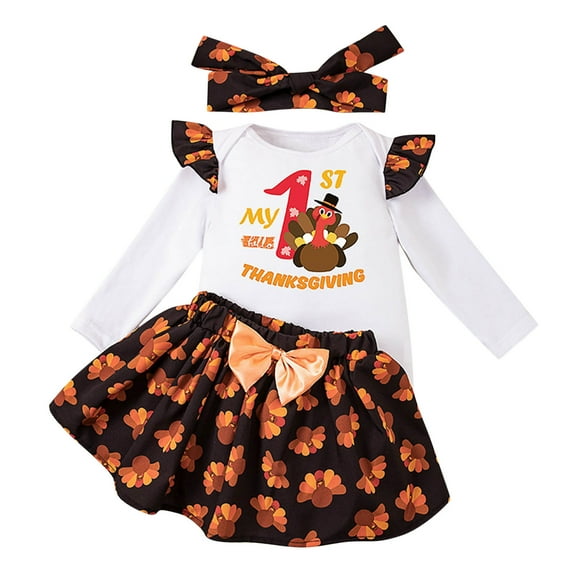Gunia Thanksgiving Baby Girl Boy Outfit Letters Printing Flying Sleeve Long Sleeve Romper Short Skirt With Headband 3Pcs Children Suit Girls Outfits,Coffee 9-12 Months
