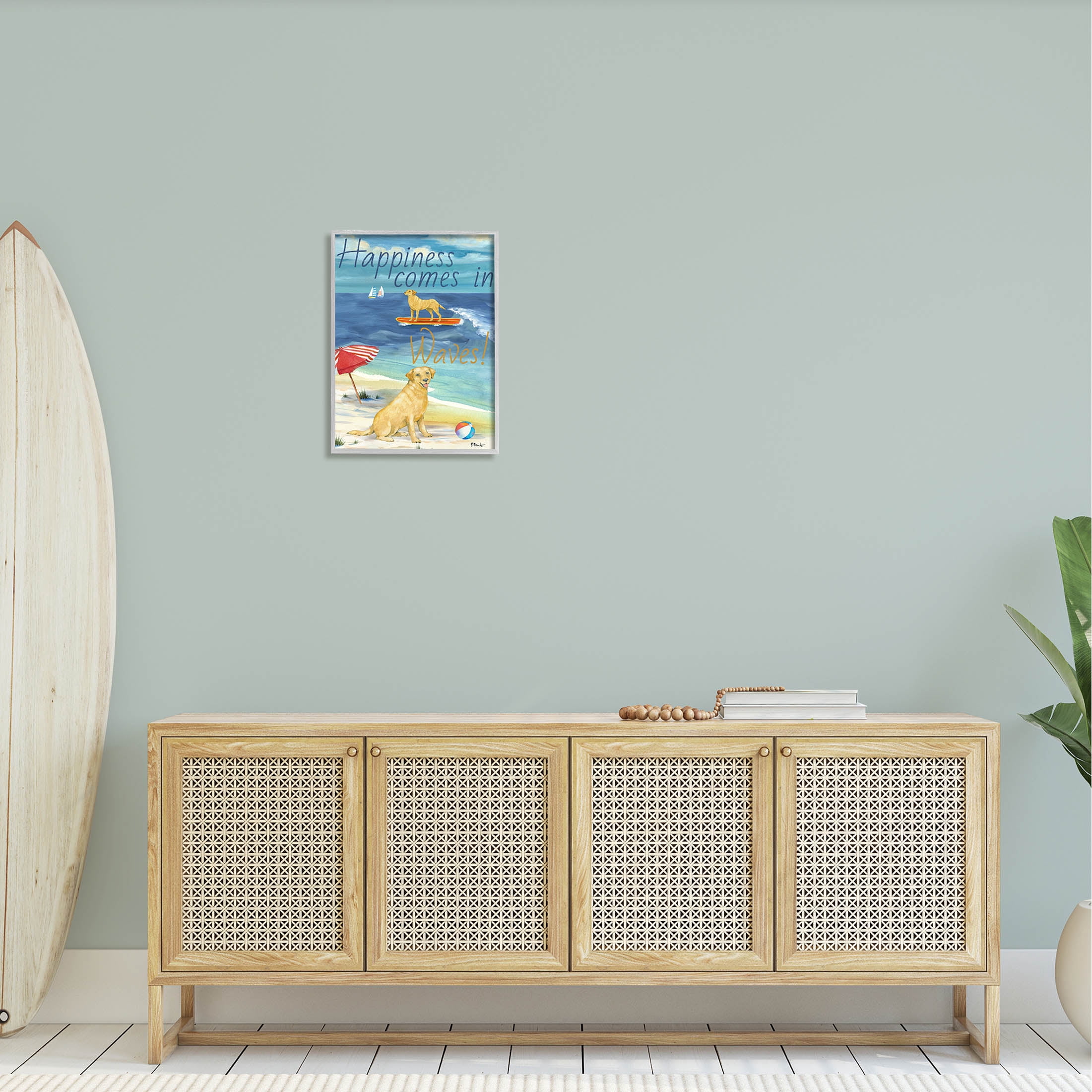 Stupell Industries Surf Pup Happiness in Waves Graphic Art Gray Framed Art Print Wall Art, Design by Paul Brent