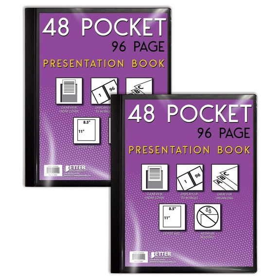 48 Pocket Bound Presentation Book, with Clear View Front Cover, 96 Sheet Protector Pages, 8.5" x 11" Sheets, by Better Office Products, Art Portfolio, Durable Poly Covers, Letter Size (2 Pack)