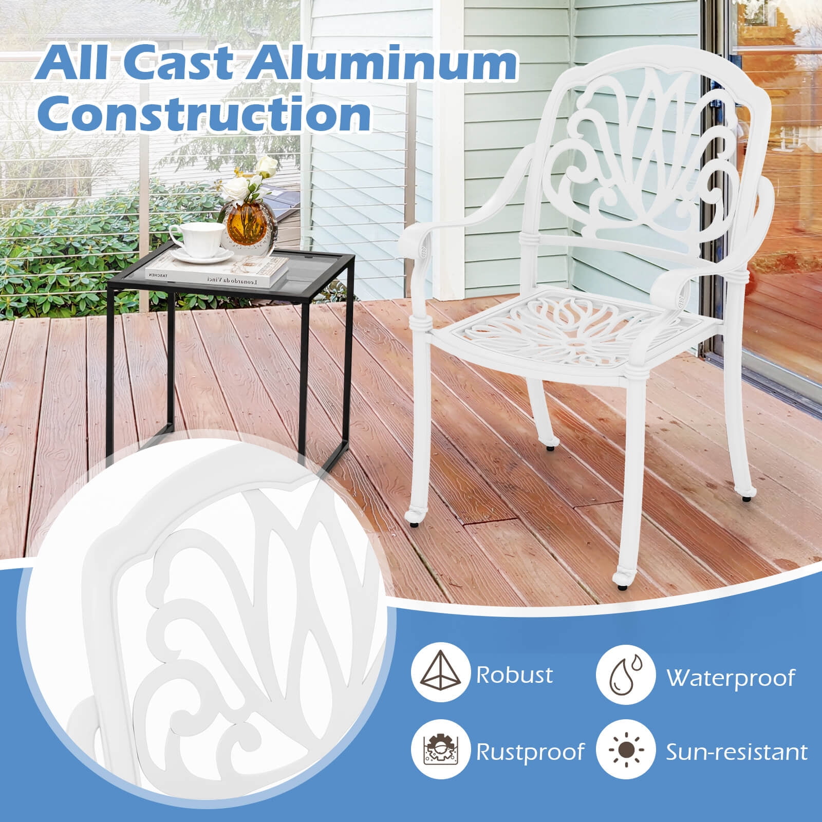 Gymax Set Of 4 Patio Cast Aluminum Dining Chairs Armrests Outdoor Stackable White