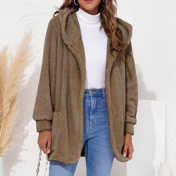 Moda Mujer Casual Invierno Cálido Sólido Invierno Suelto Alargado Felpa Manga larga Con capucha Chaqueta de punto Fridja po4330