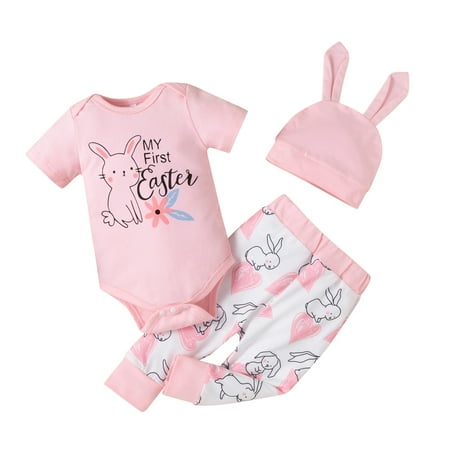 

Dooleck My First Easter Baby Girl Outfit Bunny Bodysuit Heart Jogger Pants Clothes