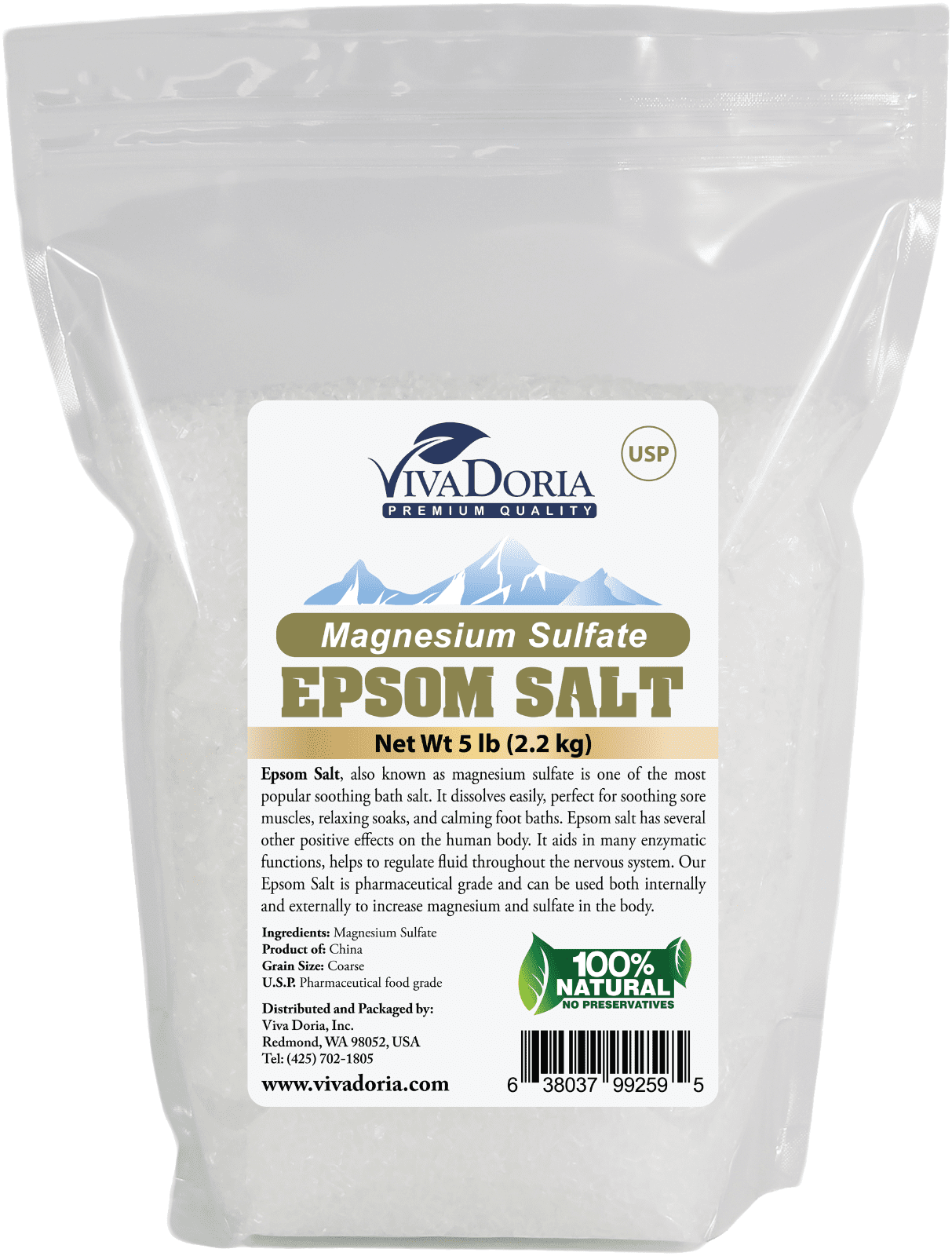 Viva Doria Epsom Salt 100% Magnesium Sulfate Bath Salt Coarse Grain, 5 lb