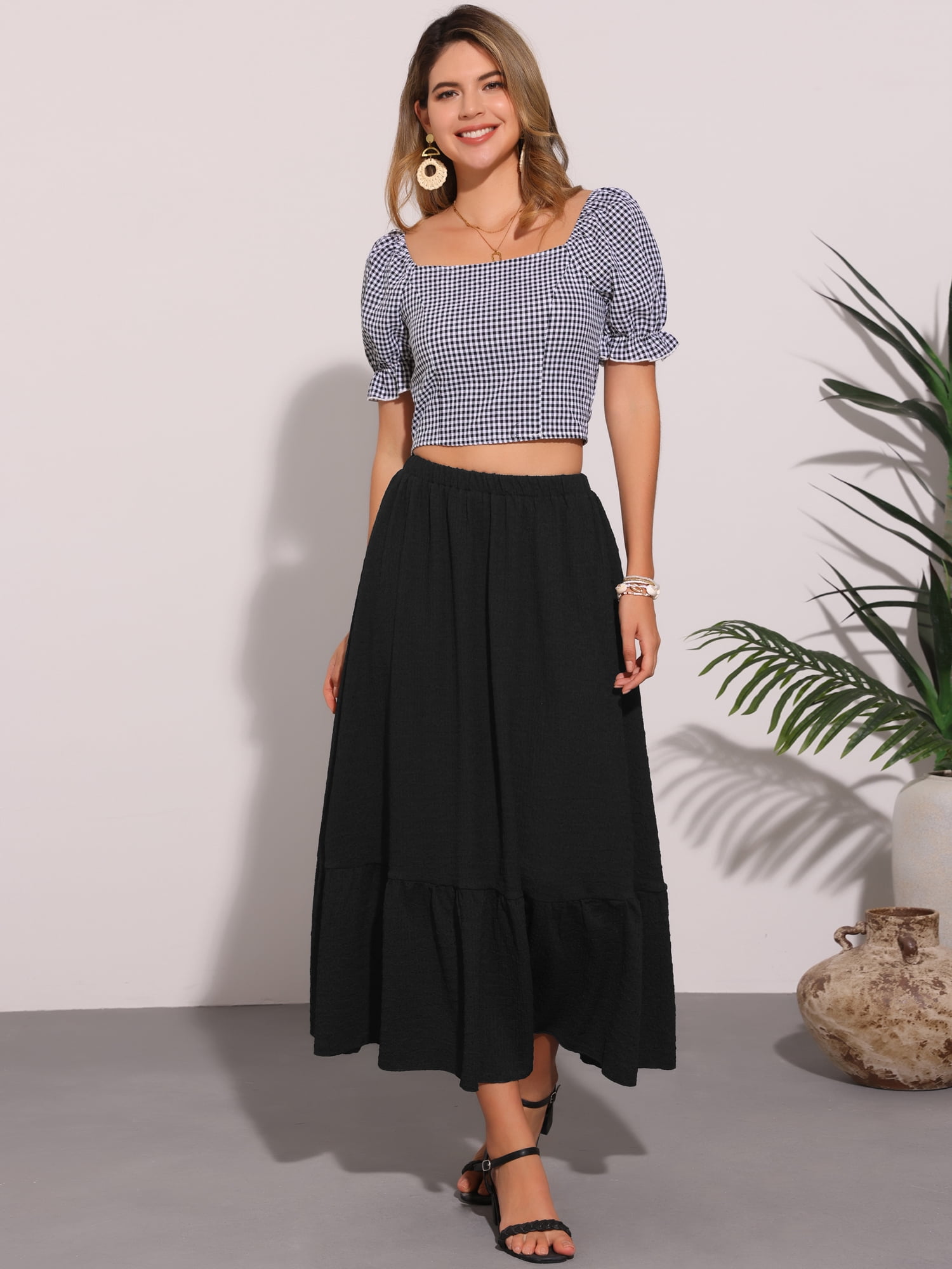 DARING DIVA Women's Elastic High Waist Flowy Tiered A-Line Summer Maxi Skirt M Black