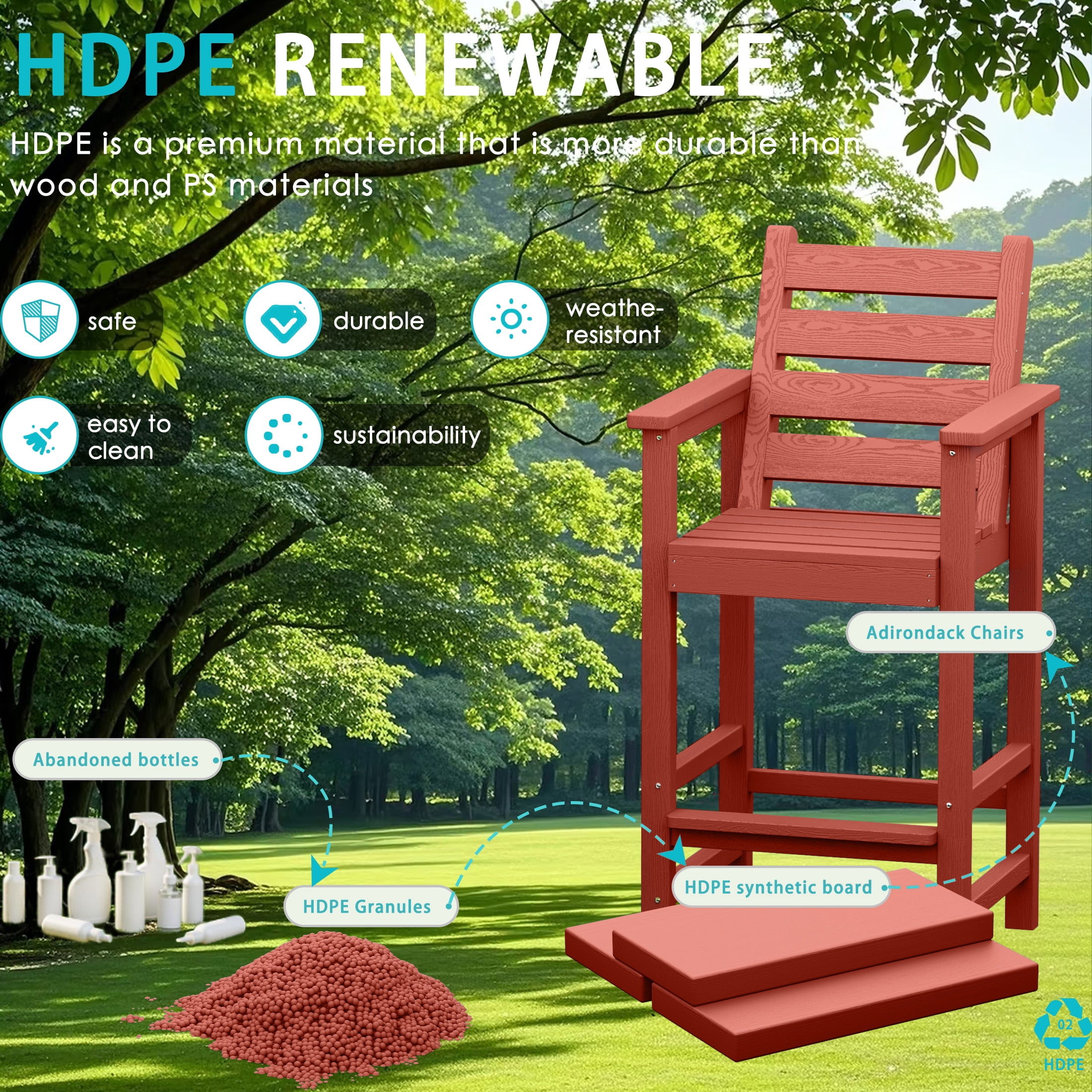 AreShark HDPE Tall Adirondack Chair Set with Removable Double Trays (Set of 2) Dark Red