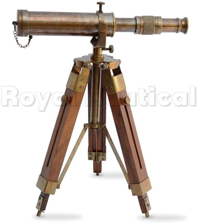 Vintage Antique Nautical Gift Decorative Solid Brass Telescope w/ Wooden Tripod 
