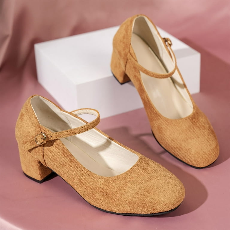 BLTIBY Women's Pointed Toe Pumps Ankle Strap Buckle Solid Color Medium  Heeled And Thick Heeled Dress Shoes Ladies Shallow Mouth Suede Shoes Yellow  43 - Walmart.com