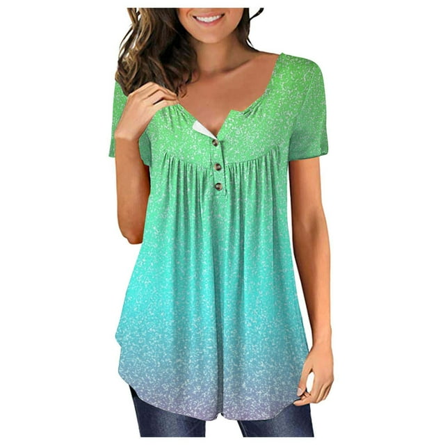 SMihono Hauts pour Femmes Été Décontracté Chic Manches Courtes Ouvert Bouton Col Rond Ample Tunique Plissée Blouse T-shirt Oversize pour Femmes