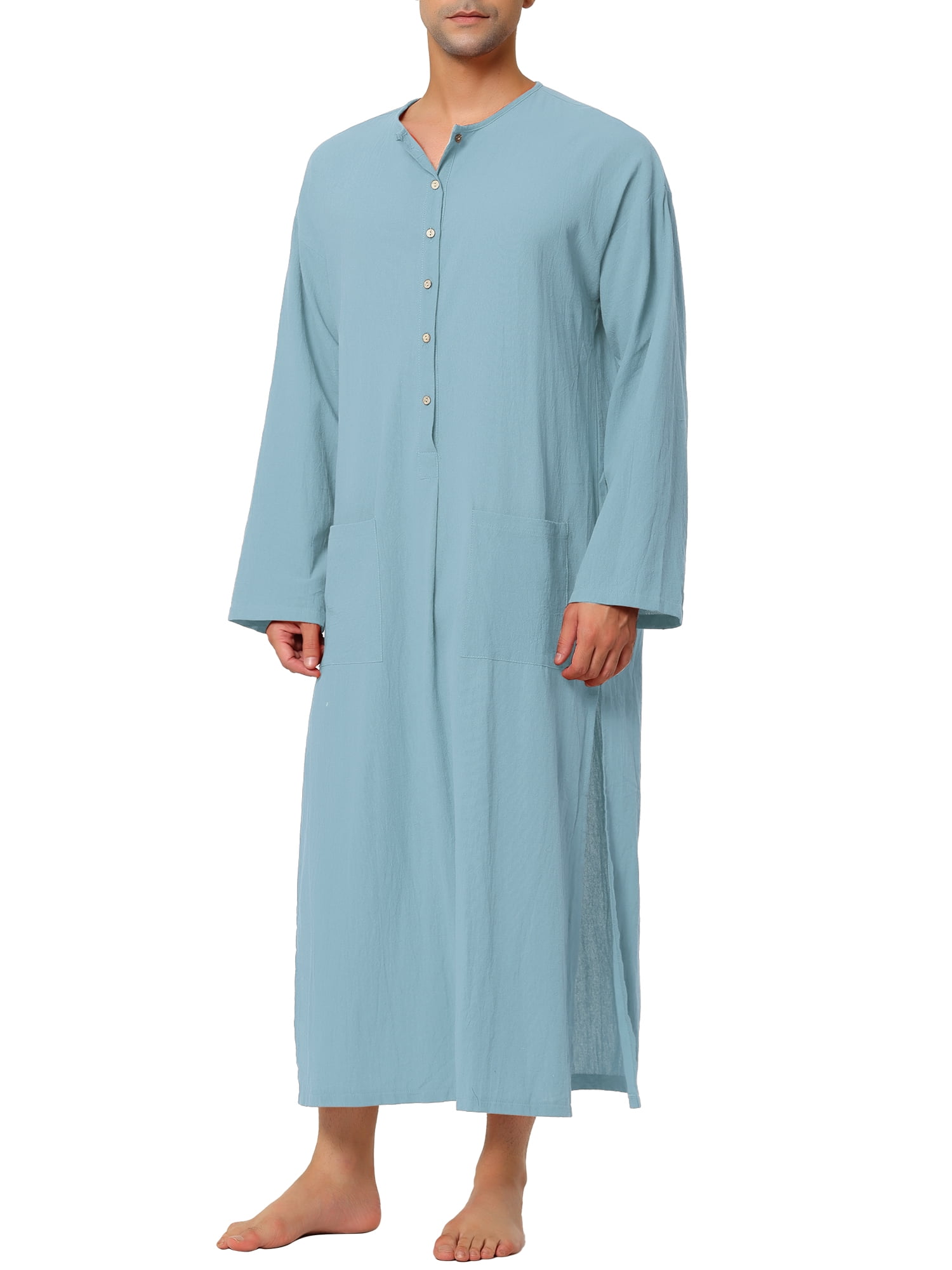 Unique Bargains Men's Nightshirt Cotton Sleep Shirt Side Split Long Nightgown S Light Blue