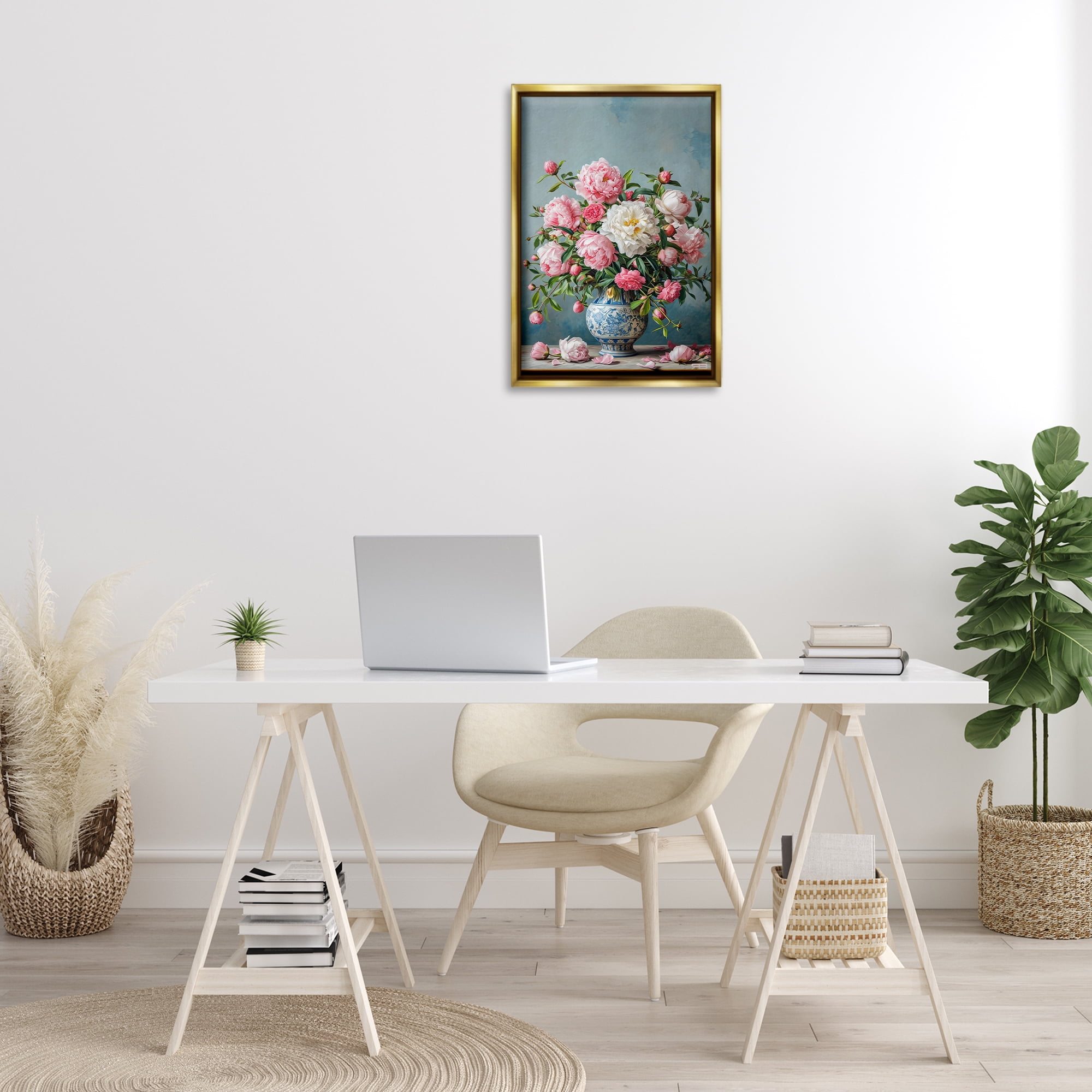Stupell Industries Full Peonies Vase Botanical & Floral Painting Gold Floater Framed Art Print Wall Art, 17 x 25