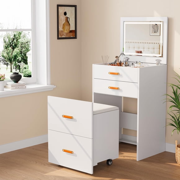 Yeshouse Tocador pequeño con espejo y luces, 3 en 1, compacto, con 3 modos de luz, color rosa, con compartimento y silla con ruedas para habitación pequeña, dormitorio o apartamento