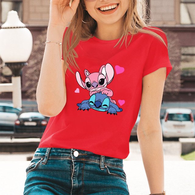 Lilo & Stitch Cartoon Pattern T-shirts Female Kawaii Harajuku Outdoor Fashion Dropship Diseny O-Neck Women T Shirts Black WhiteXXL Gao Jinjia LED