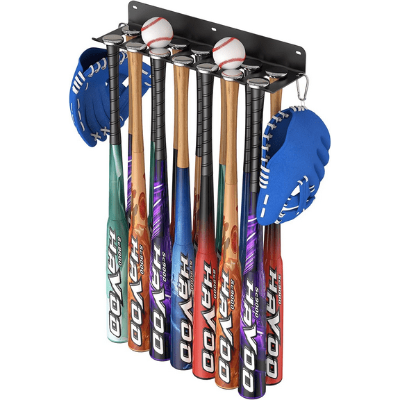 Wall Mount Baseball Bat Holder, 8 Prongs Heavy Duty Metal Bat Rack, Holds 14 Bats, Bats Organizer for Dugout Fence Home Garage, Black