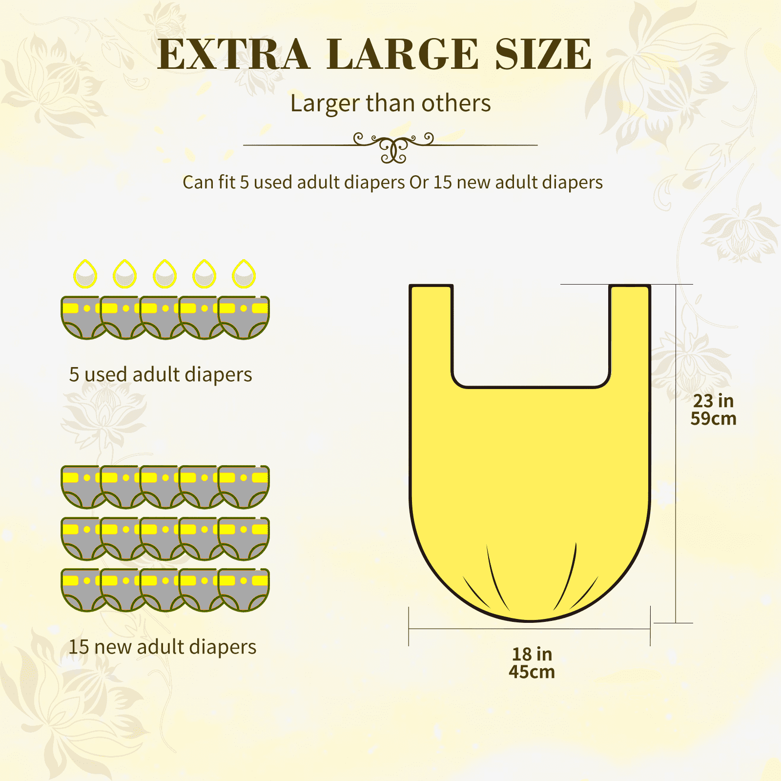 Dergik Large Adult Disposable Diaper Bags, Lemon Scented, 18 x 23in, 96 Counts, Disposal for Elderly, Baby Poop Trash, Sanitary Products & Pet Waste , Yellow