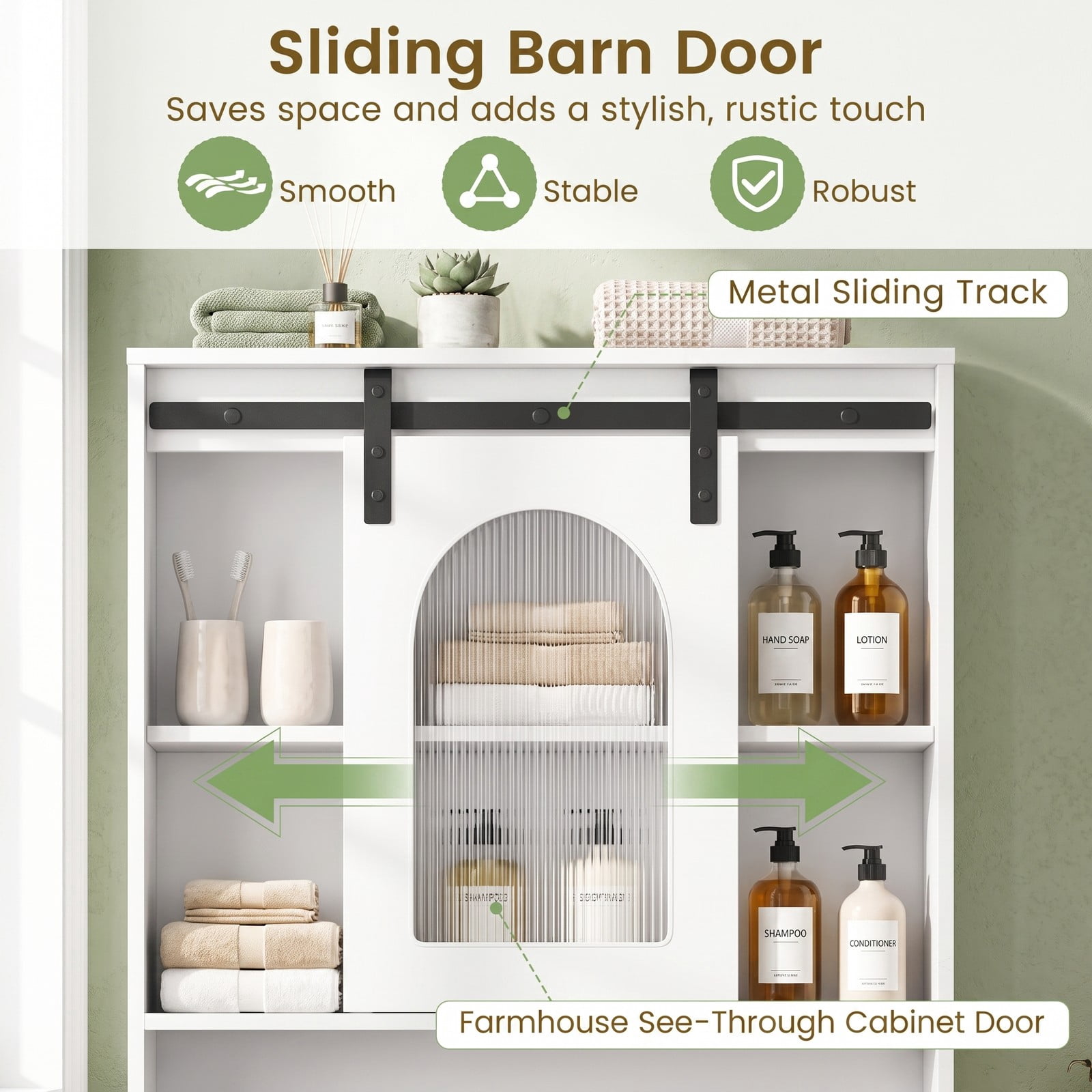 Fenbeli Over The Toilet Storage Cabinet with Sliding Barn Door and Open Shelves, Farmhouse Bathroom Space Saver Organizer Over Toilet Rack with Side Hooks, White
