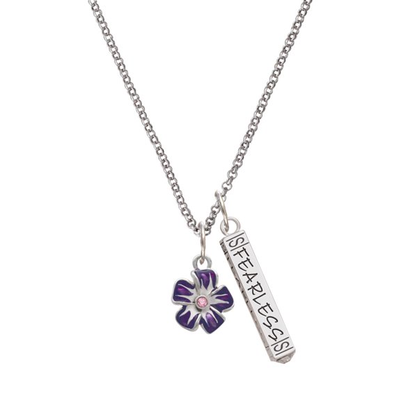 Delight Jewelry Silvertone Purple and White African Violet Flower Silvertone Fearless Bar Charm Necklace, 23"