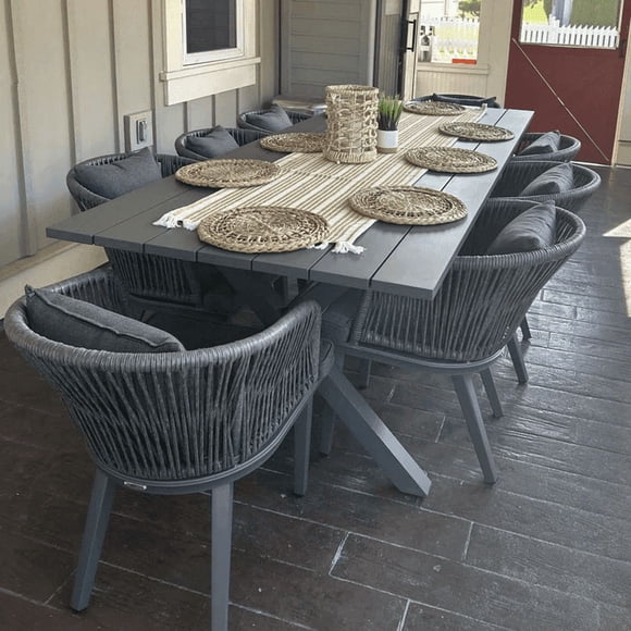 PURPLE LEAF 9 Pieces Patio Dining Set, Rectangular Aluminum Outdoor Table and 8 Wicker Chairs with Cushions for Garden Kitchen and Porch. Grey