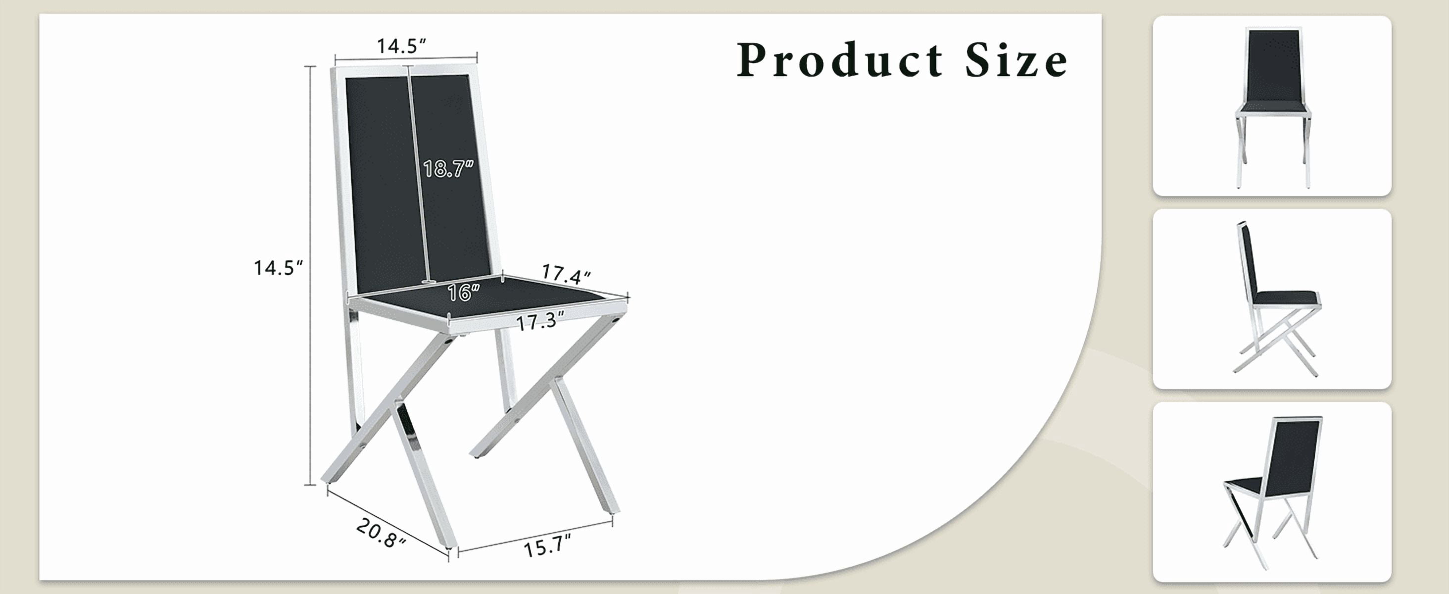 Dining Chairs Set of 4, Black PU Leather Dining Chairs with Silver Metal Frame, Ergonomic Modern Dining Room Chairs, Upholstered Kitchen Chairs with Adjustable Feet, Easy to Clean